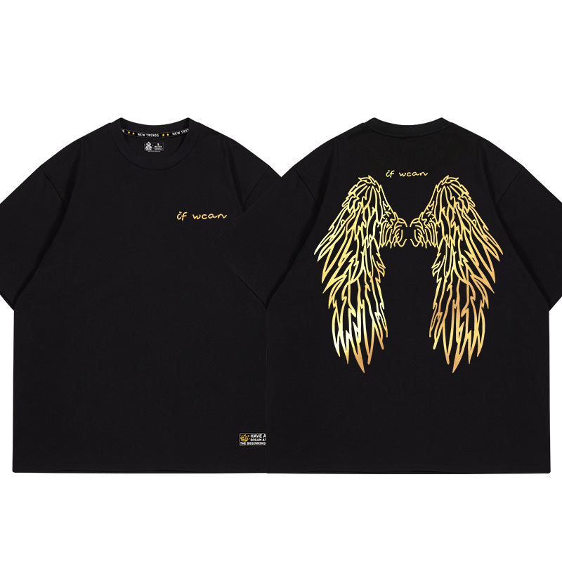 Laser Reflective Wings T-Shirt Summer New Ins Trendy Hot Stamping Angel Wings Loose Short-Sleeved Couple Wear Men's and Women's T-Shirts
