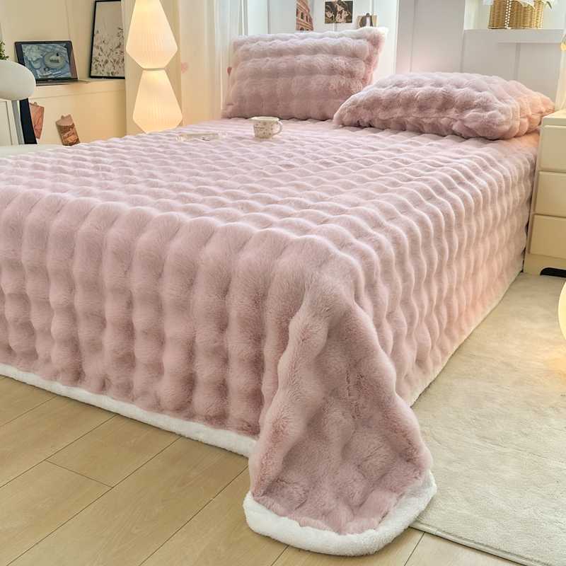 Nantong Home Textile Bed 2025 New Thickened Solid Color Rabbit Fur Plush Bubble Single Bed Sheet Group Buying Wholesale