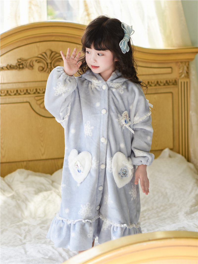 Elsa Autumn and Winter Girls' Flannel Coral Fleece Loungewear Pajama Set Robe Elsa Dress Princess Cute Style