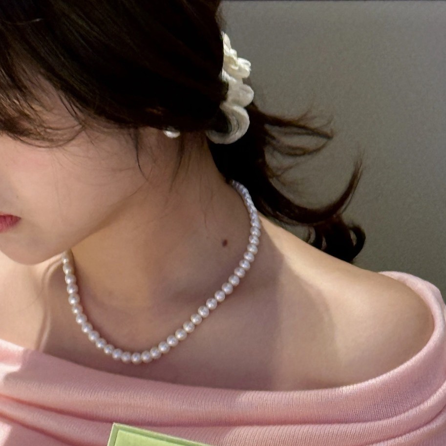 7-9mm Pearl Necklace Zhuji Natural Seedless Freshwater Pearl Necklace Nearly Round Strong Light with Very Slight Flaws Simple and Versatile