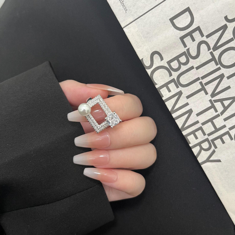 New Unique Personalized Design Accessible Luxury Geometric Pearl Inlaid Diamond Zircon Ins Cool Style High-End Open Ring