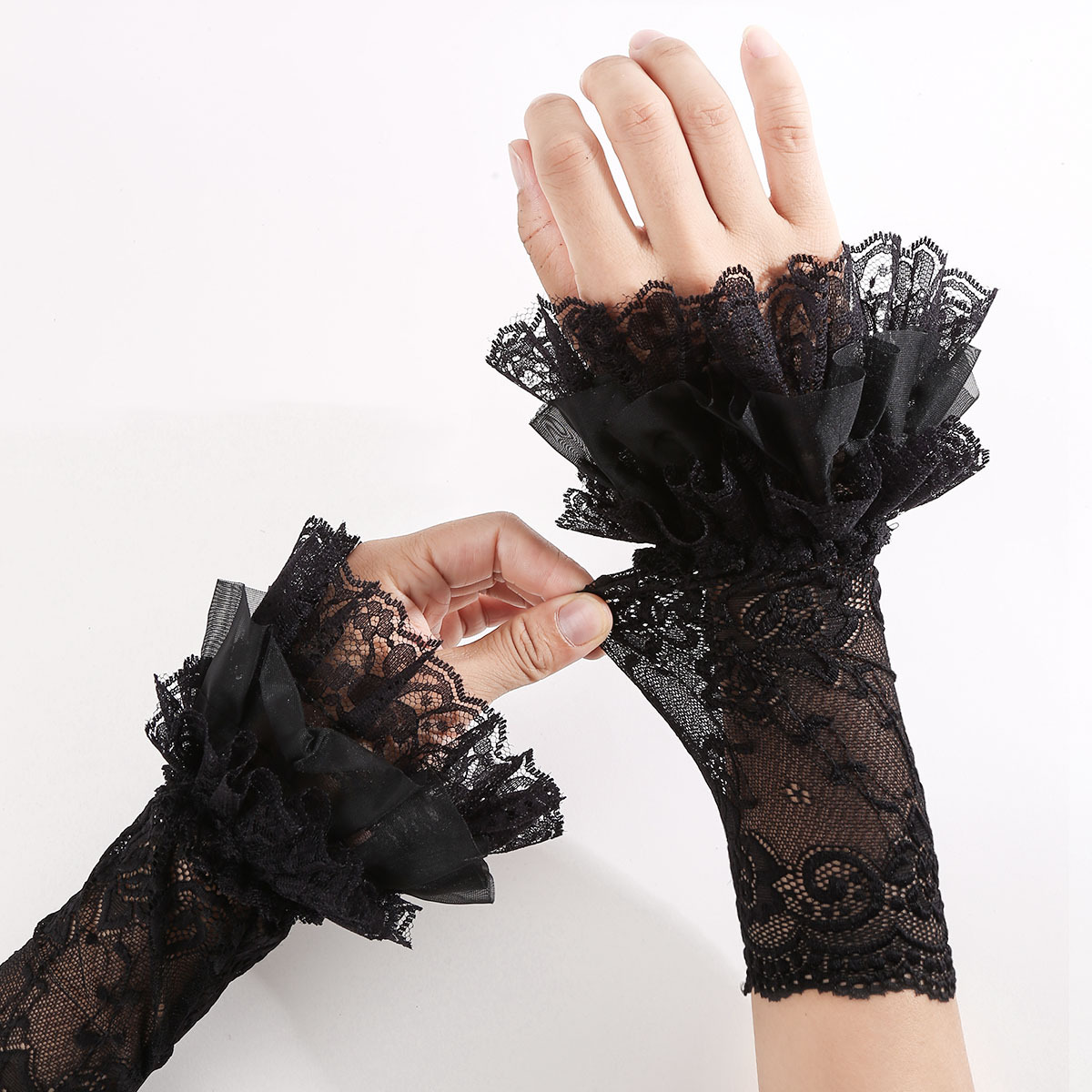 Fake Sleeves Jk Girl Lolita Lace Trim Long Spring and Summer Wrist Decoration Fingerless Gloves Lolita Cuffs