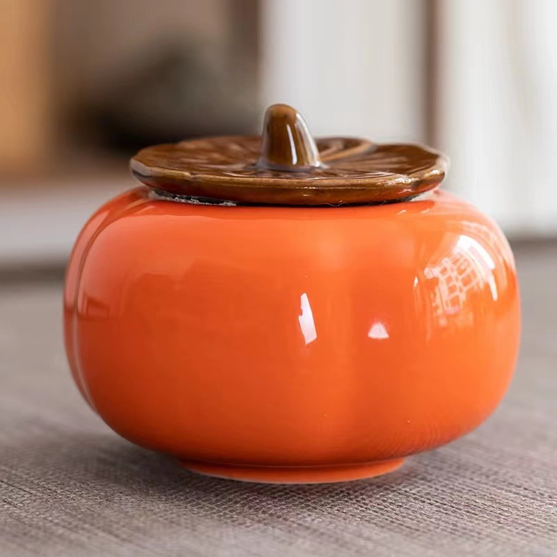 Small size tea pot household office ceramic Persimmon tea pot portable sealed moisture-proof storage tank