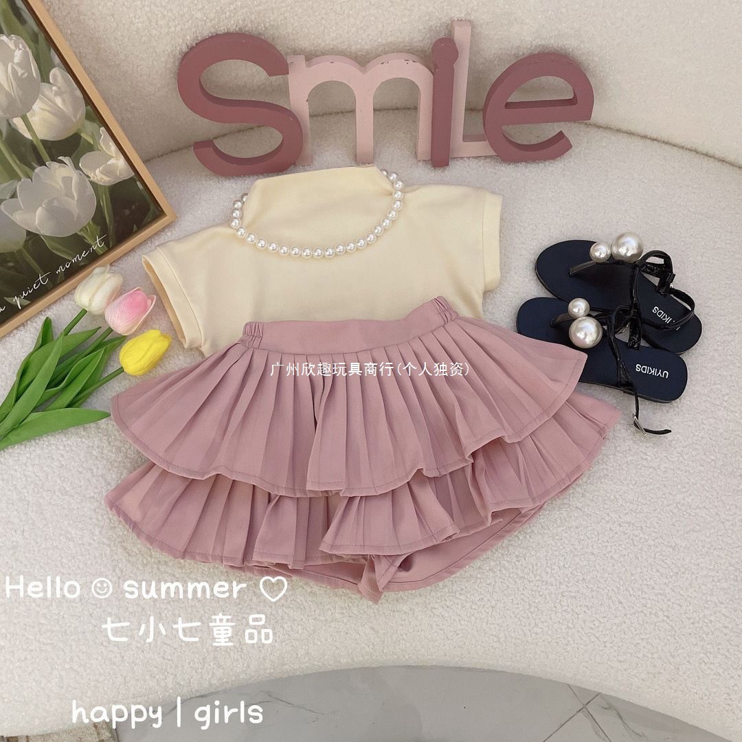 Летний костюм для девочки 2023 новый летний комплект с коротким рукавом и плиссированной юбкой, два предмета, юбка принцессы для девочек