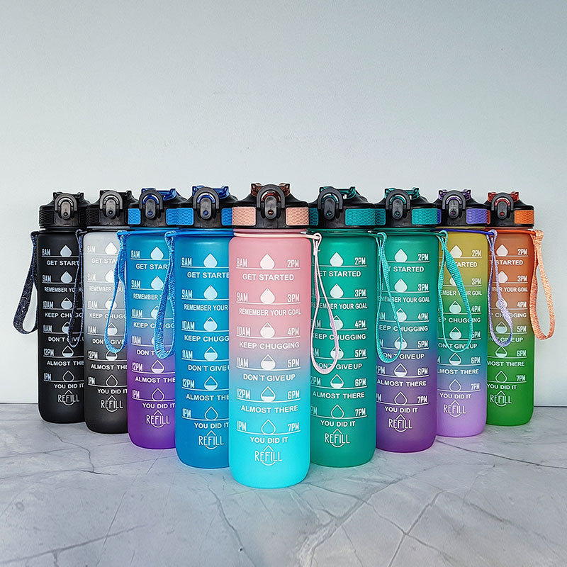 Customized 1000ml Large Capacity Sports Space Cup Water Kettle Gradient Frosted Portable Plastic Cup Straw Water Cup