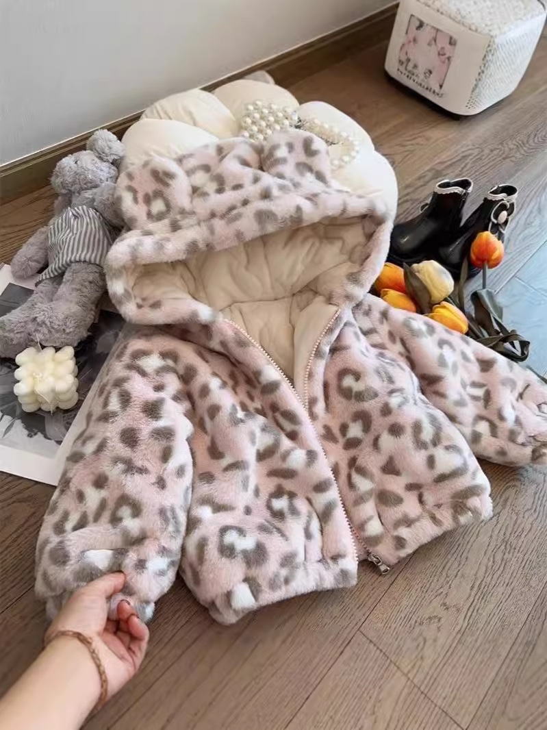 Girls' 2025 Autumn and Winter New Children's Winter Cotton-padded Coat Contrast Color Leopard fleece-lined Thickened Baby Hooded Jacket