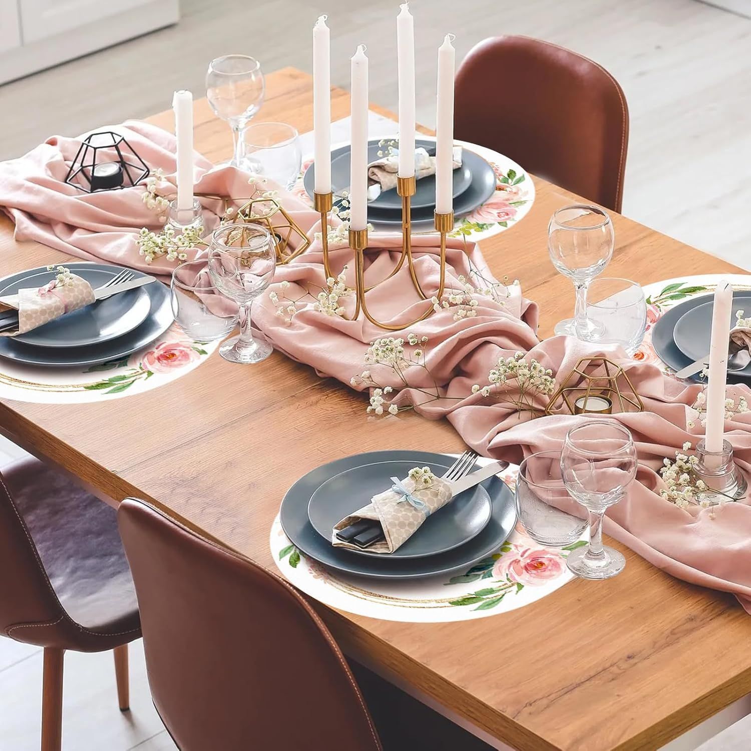 Amazon Cross Border Pink Flower Wedding Disposable Paper Placemat Rose Flower Round Placemat for Party