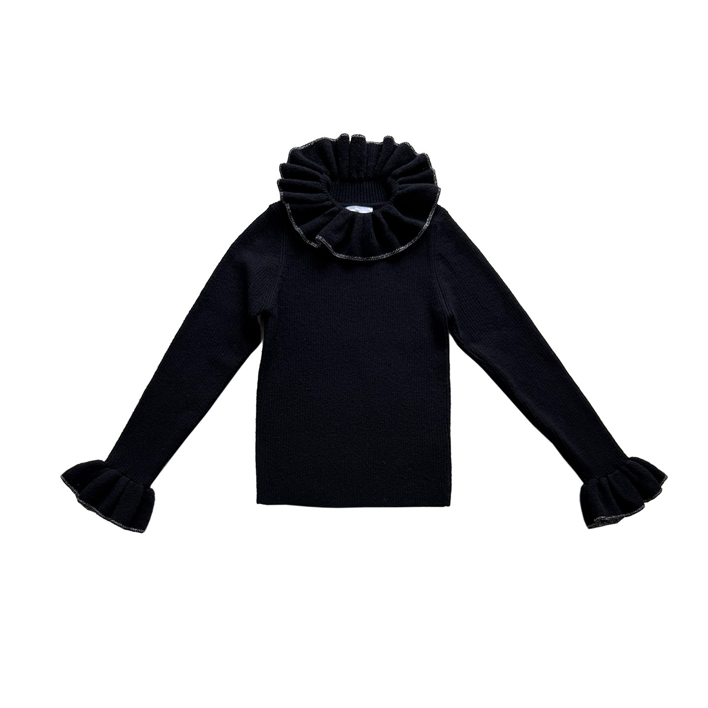 Girls' Wool Ruffle Collar Base Shirt with Gold Lace Trim, Ribbed Slim-Fit Knit Sweater, New Autumn and Winter 2025 Children's Style