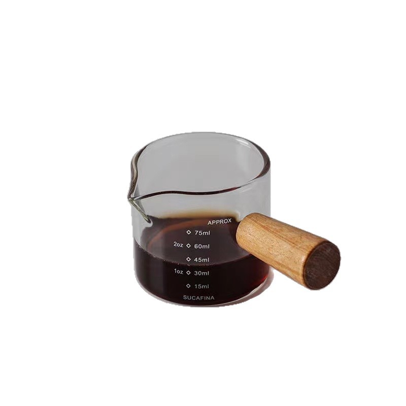 Niche Design Espresso Measuring Cup Seasoning Milk Pouring Jar Wooden Handle Scale Glass Heat-Resistant Small Milk Cup