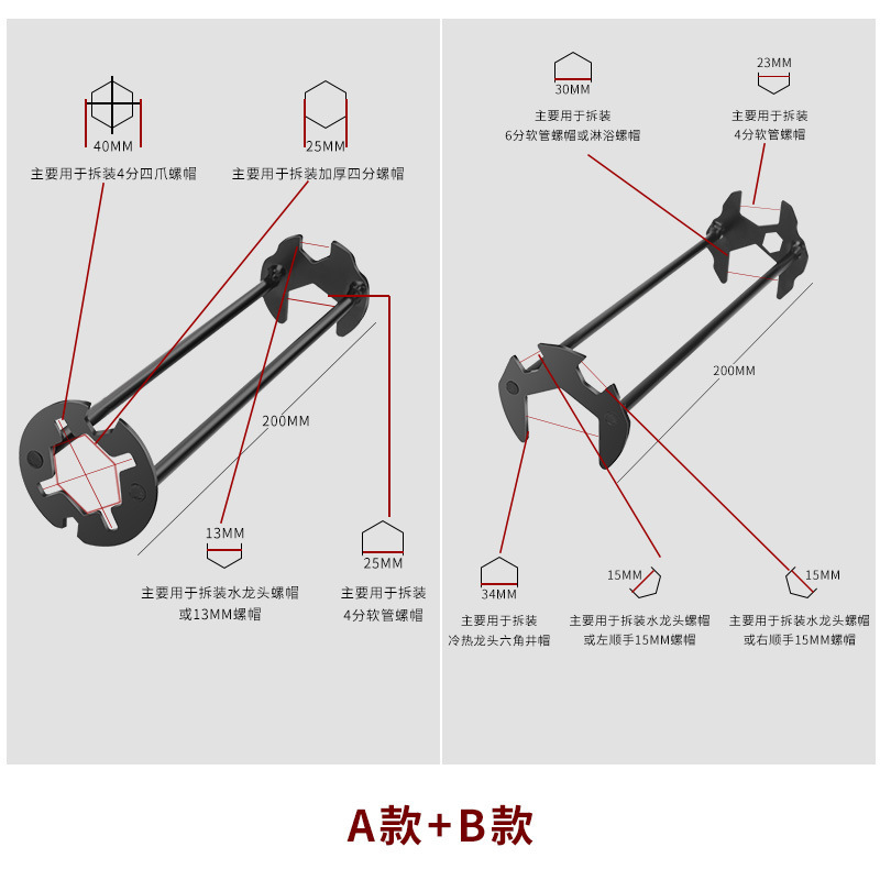 Multifunctional Sink Wrench, Faucet Wrench, Universal Loosening Device, Bathroom Installation and Removal Tool, Double-Axis Wrench