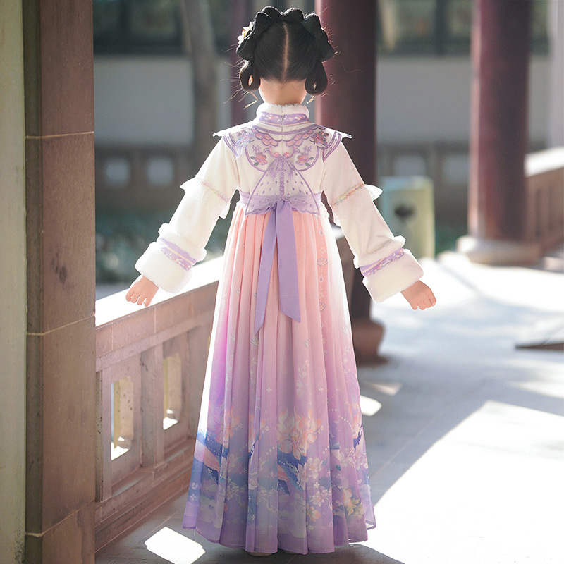 Hanfu Girls' Winter Outfit with Fleece, Chinese Style Ancient Princess Dress, Children's Autumn and Winter Thickened Ancient Style Tang Suit Dress