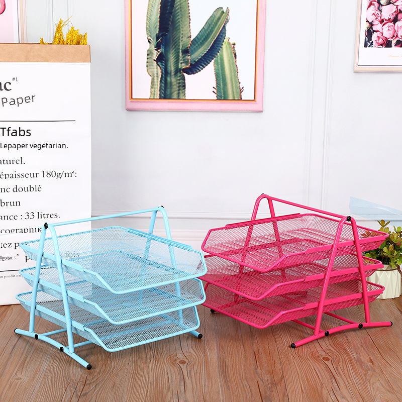 Hot selling metal iron net three-layer file tray file basket simple office supplies storage file rack wholesale