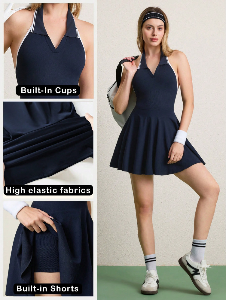 New Seamless Tennis Skirt Sports Dress Anti-Exposure Badminton Skirt Halter Neck Beautiful Back Lapel Sexy Jumpsuit