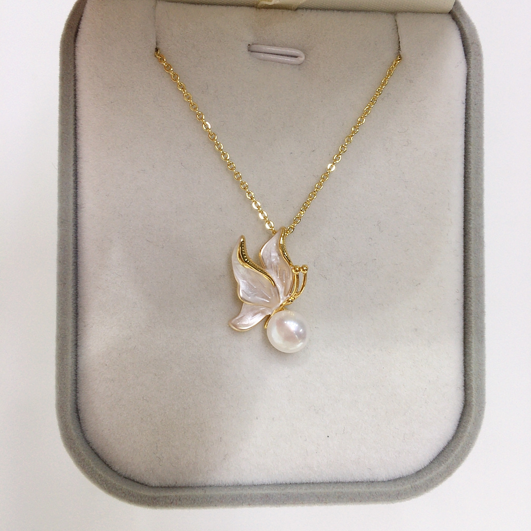 Zhuji Natural Freshwater Pearl suit Women's Frosted Butterfly Pearl Earrings 18K Gold Color Preservation Jewelry Wholesale