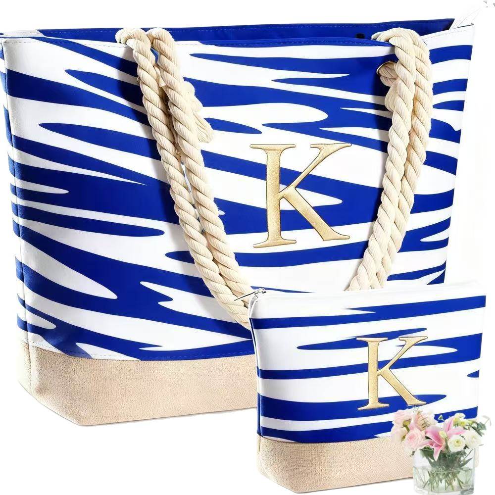 Waterproof Cross-Border Striped Beach Bag, Cotton Rope Handbag, Shoulder Bag, Travel Bag, Large Capacity Mother-Daughter Bag, Tote Bag, Lightweight