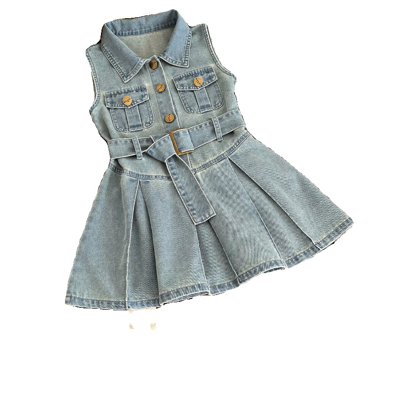 Girls' Fashionable Sleeveless Denim Skirt 2024 Summer New Korean Style Children's Lapel Waist Vest for Baby dress