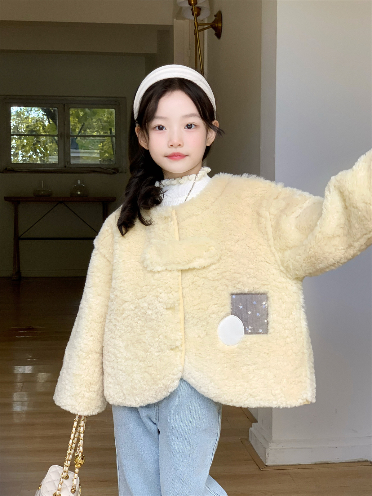 2025 New Winter Style Girls' Fur One-Piece Jacket + Turtleneck Sweater + Curled Fur Fleece-Lined Jeans