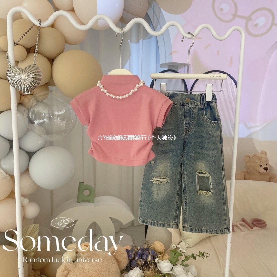 Летний костюм для девочек 2023, новый стиль, комплект из двух предметов с коротким рукавом и джинсами для девочек