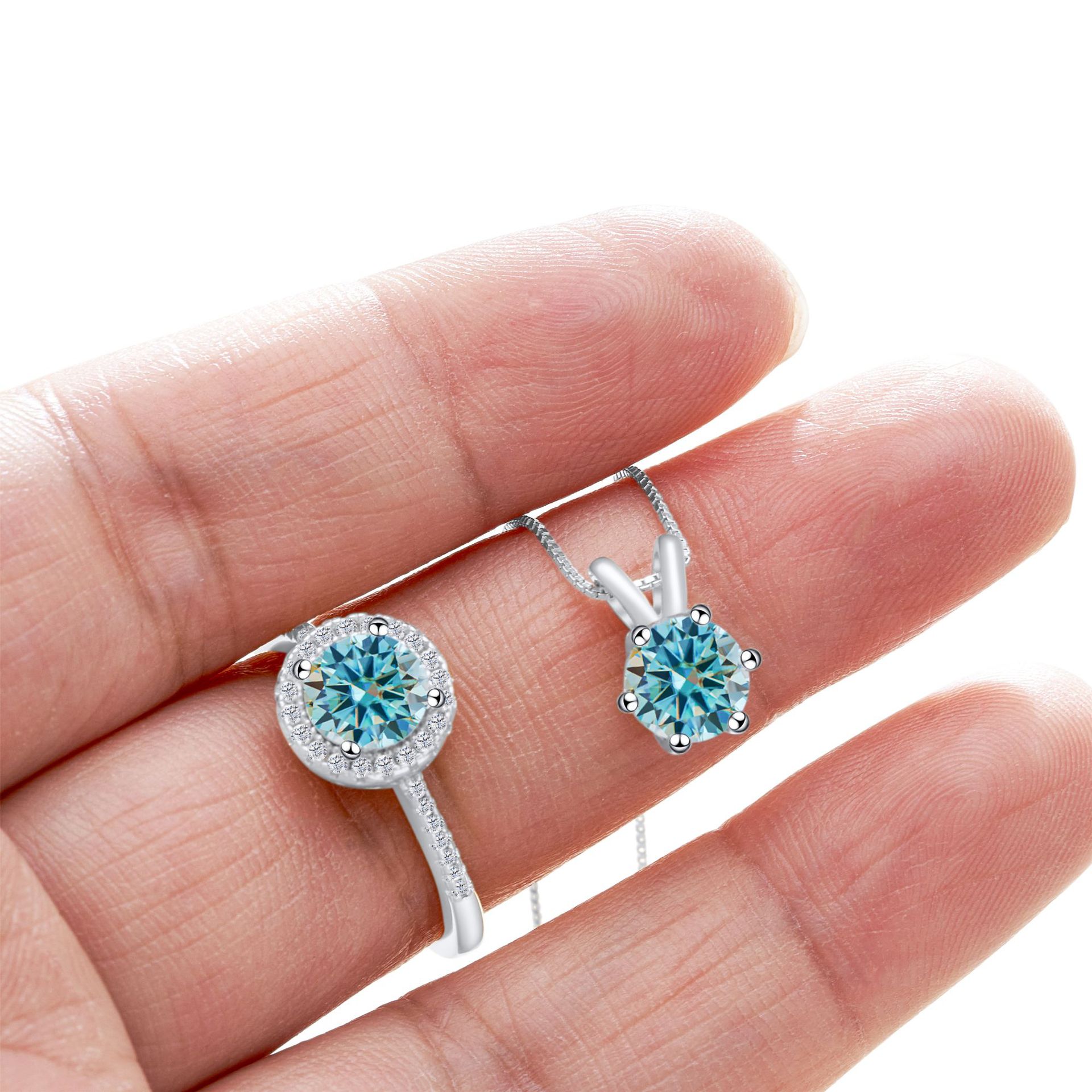 S925 Sterling Silver Moissanite Diamond Set, a Complete Set of Earrings and Necklaces, Imitation Diamond Fire Color, Korean Style, Simple Elegant