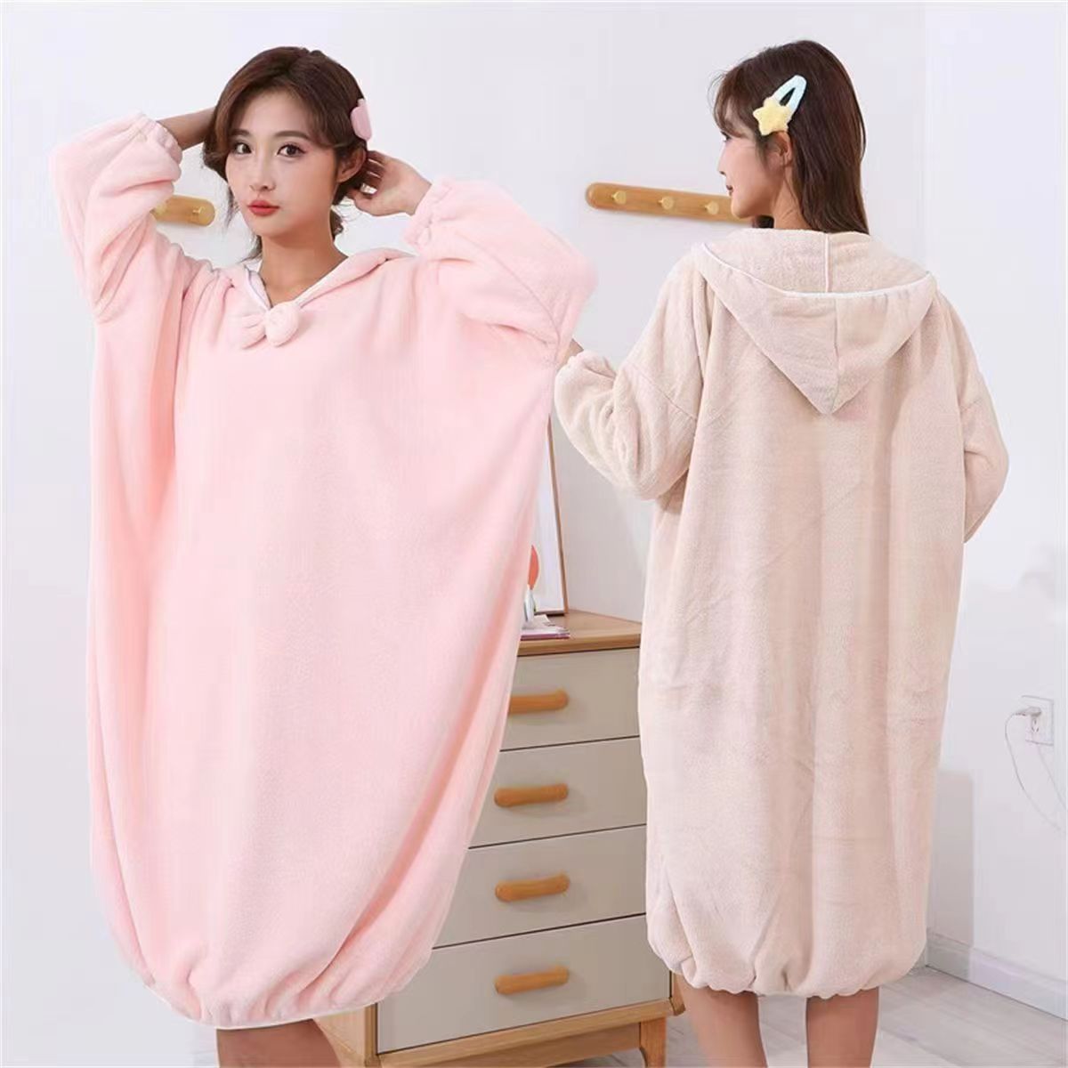 Long Home Bath Skirt for Women, Absorbent and Thickened Household Bath Towel, Hooded Coral Velvet Long-Sleeved Home Bath Skirt and Bathrobe