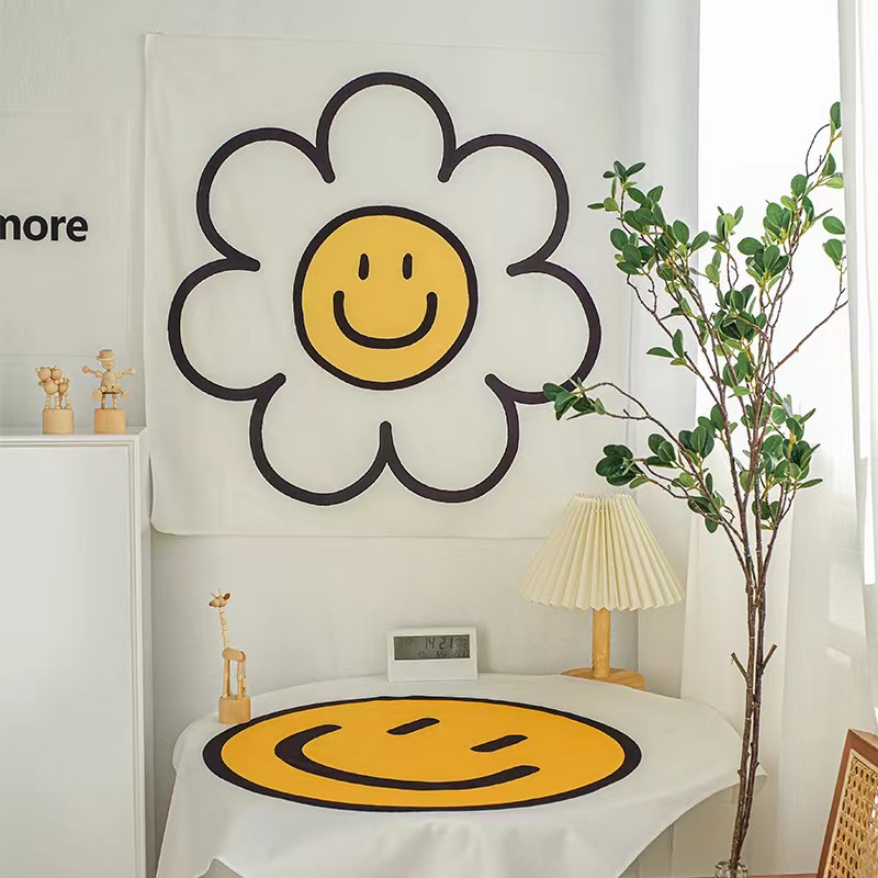 Decorative Korean sun ins yellow Nordic cloth style smiley face series healing cloth bedroom hanging flower cloth smile background