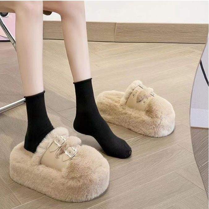 British Style Furry Slippers for Women to Wear Outside 2025 New Korean Style Elegant Versatile Autumn and Winter Ladies Thick-Soled Cotton Slippers