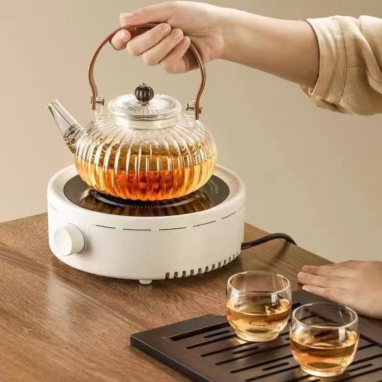 In-Stock Steaming Teapot High Borosilicate Glass Teapot Single Pot New Chinese Retro Style Teapot Tea Cup Set Striped Pot