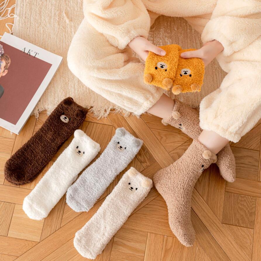 Japanese Style Coral Velvet Floor Socks Autumn and Winter Thickeneded Bear Stereo Cartoon Mid-Calf Socks Non-Shedding Confinement Sleep Socks