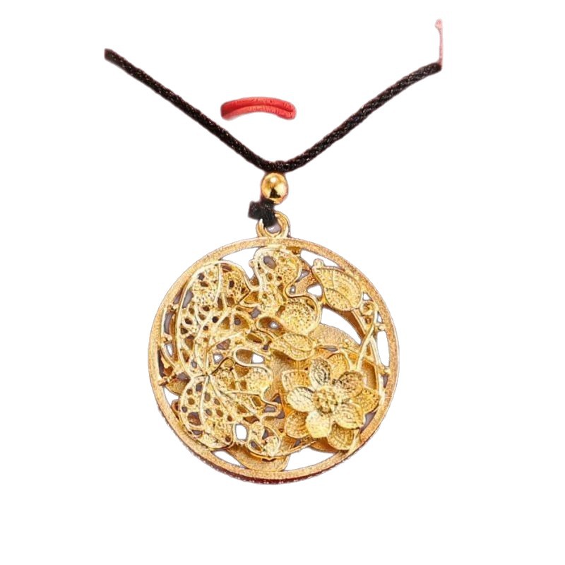 New Chinese-Style Retro Gold-Plated Hollow Lotus Brushed Butterfly Love Flower Pendant Round Ring Fortune Pendant Round Flower Necklace