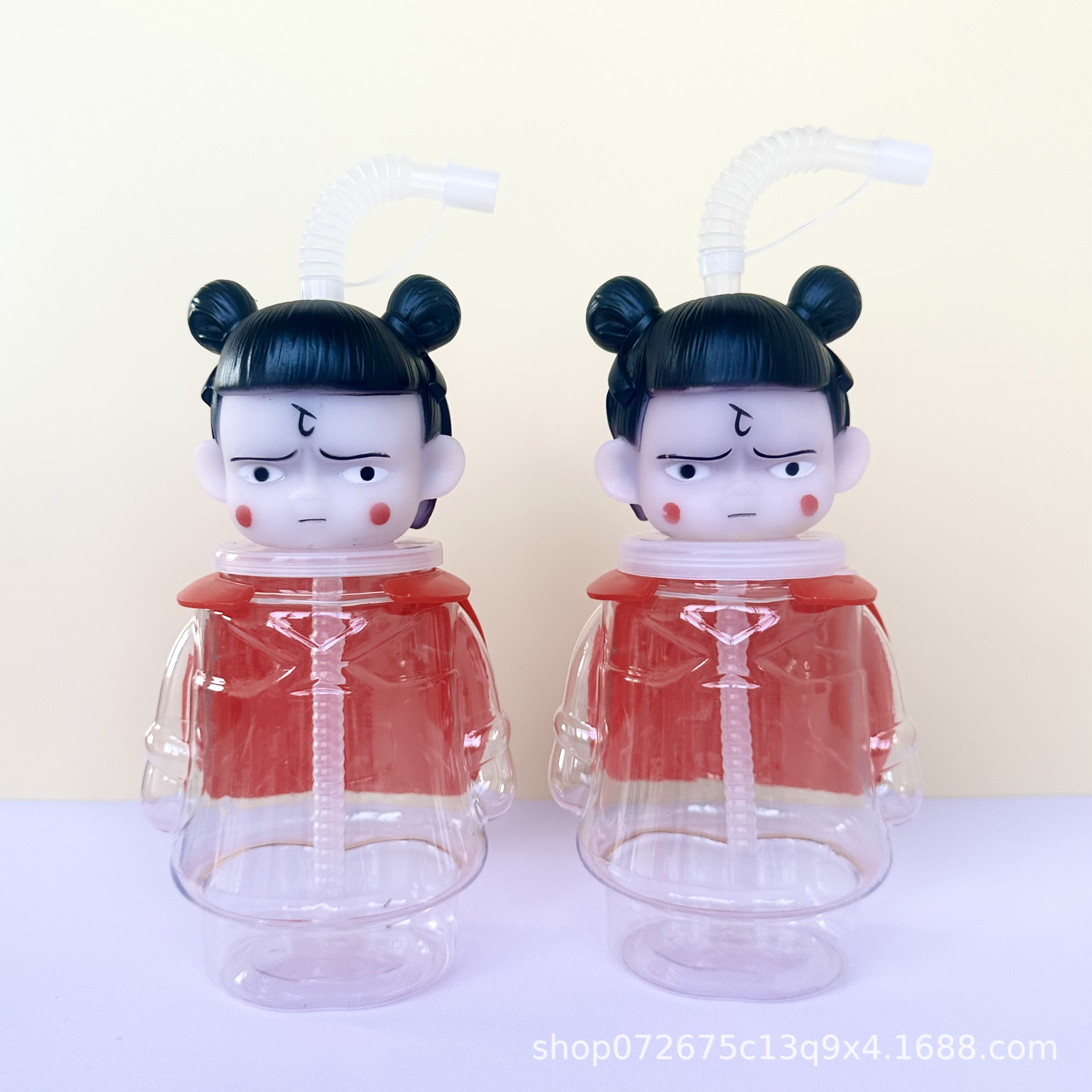 Disposable Kidsren's Cute Plastic Cup Milk Tea Juice Drink Bottle 500Mlpet Nezha Shaped Straw Cup