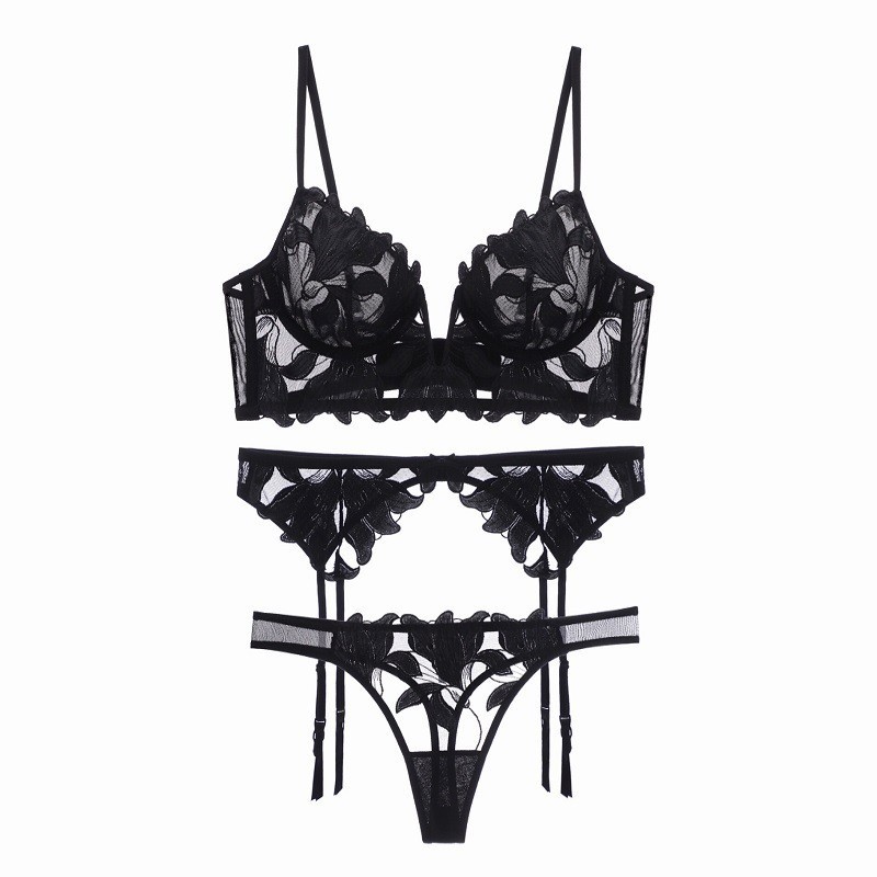 French Style Sexy Underwear Ultra-thin Deep V Mesh Embroidered Lace Bra Large Chest Small Anti-sagging Bra Three-piece Set