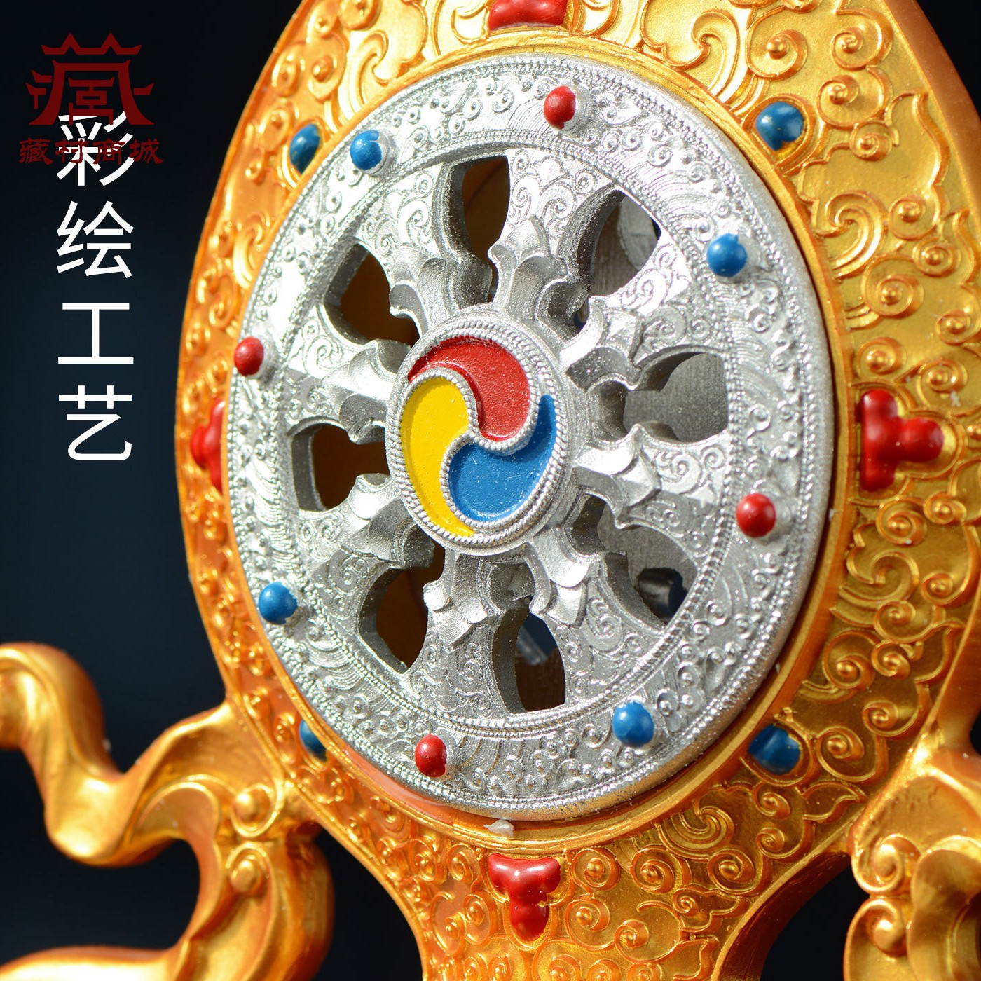 Xizang-Style Painted Double Deer Dharma Wheel Ornament, Seven Treasures of the Wheel King, Manjushri Wheel, Auspicious Household Offering Ornament