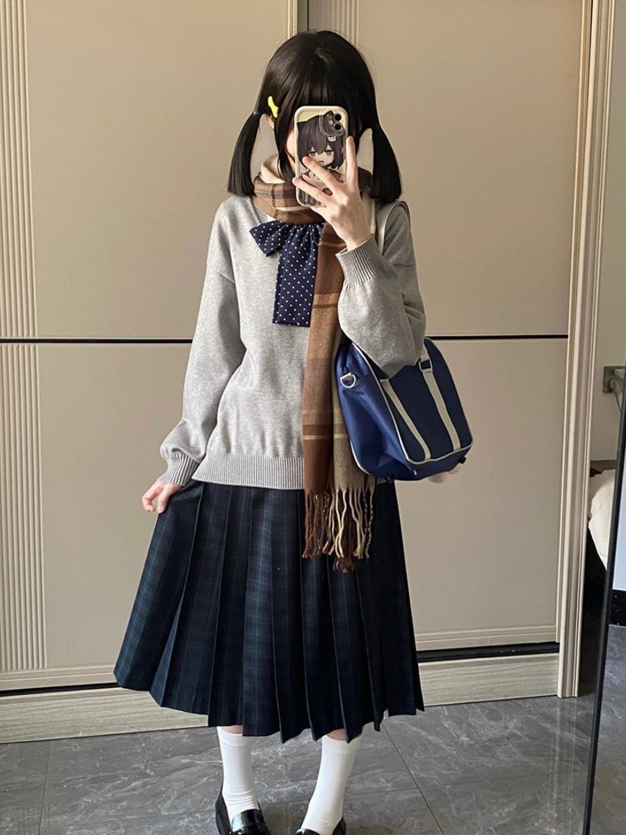 Seaweed Mid-Skirt Jk Uniform Japanese Style Petite Wear Knitted Sweater Long-Sleeved Preppy Style Long Skirt Autumn and Winter Suit
