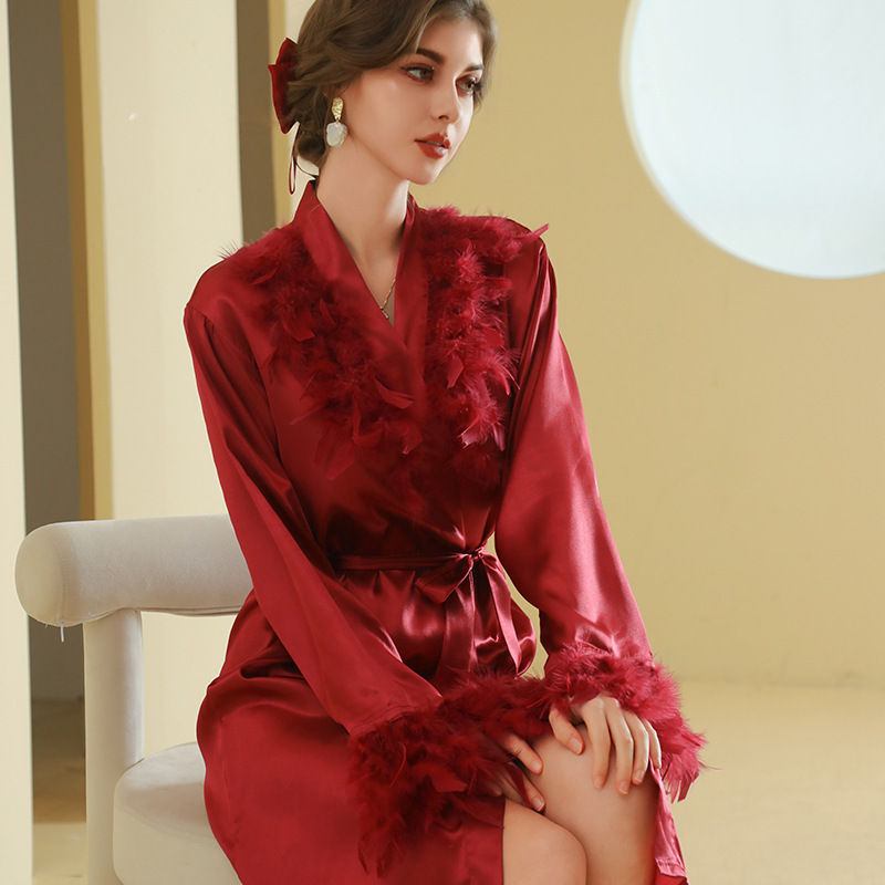 Утреннее платье для невесты с меховым воротником, ночная рубашка с перьями, свадебный кимоно, сатиновый халат