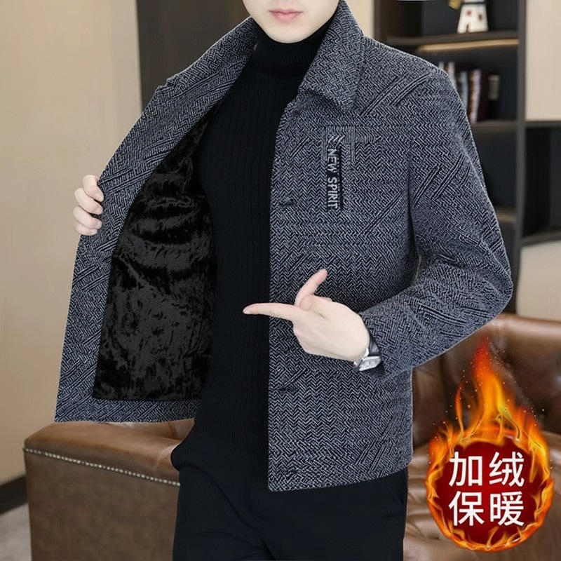 Fleece-Lined Thick Men's Wool Coat 2025 Autumn Men's Jacket Middle-Aged Business Casual Stand Collar Dad Jacket