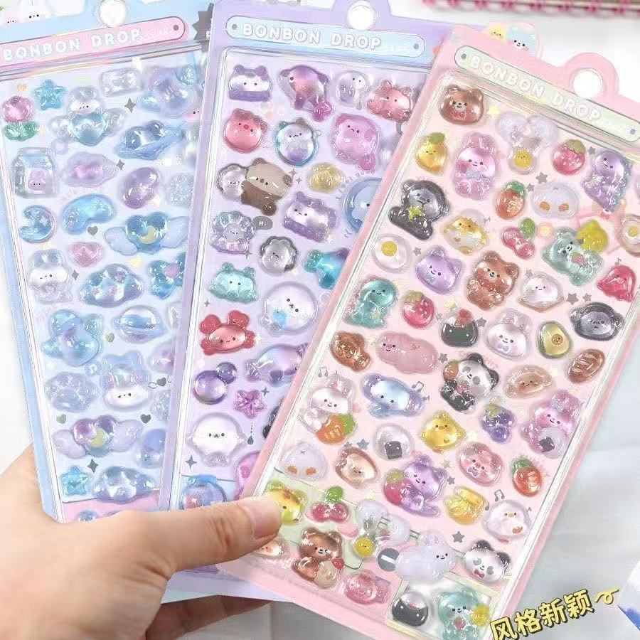 Cartoon Stereo Floating Fun Stickers Crystal Diamond Kidsren's Decorative Stickers 3D Stickers Cute Embossed Stickers for Girls