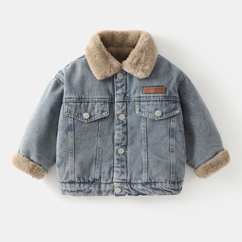 Детская джинсовая куртка Осень и зима Флисовая подкладка Одежда для малышей Модный новый стиль Толстая зимняя одежда для мальчиков