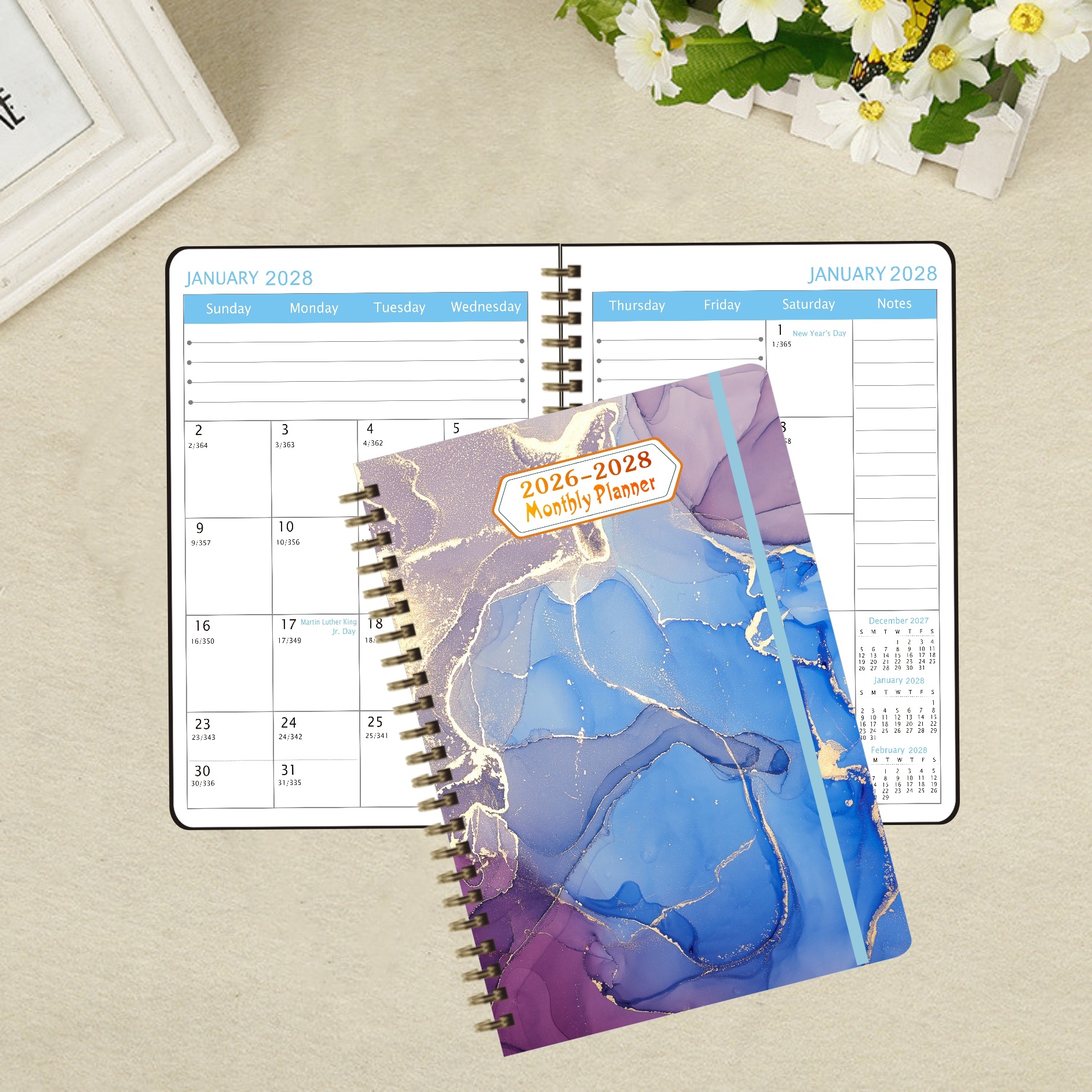 Cross-border new 26-28 year schedule book coil English office notebook elastic rope English strap plan book