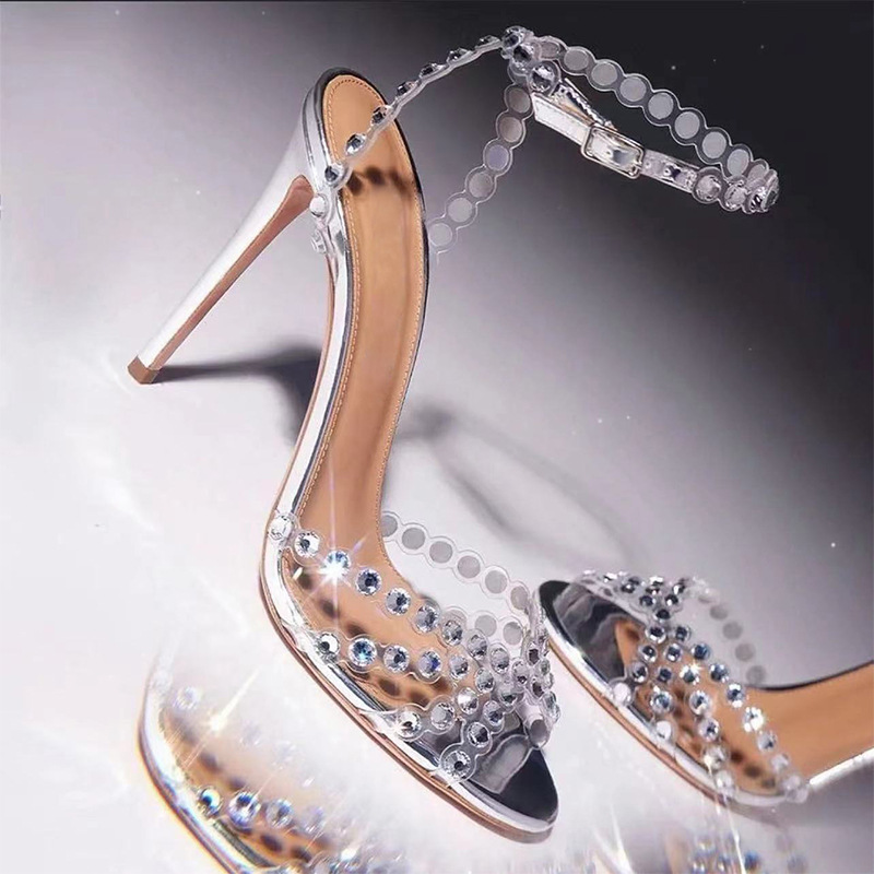 Factory Direct Supply Cross-Border Elegant Celebrity High Heels Jelly Diamond Sandals Stiletto Round Toe Silver High Heels