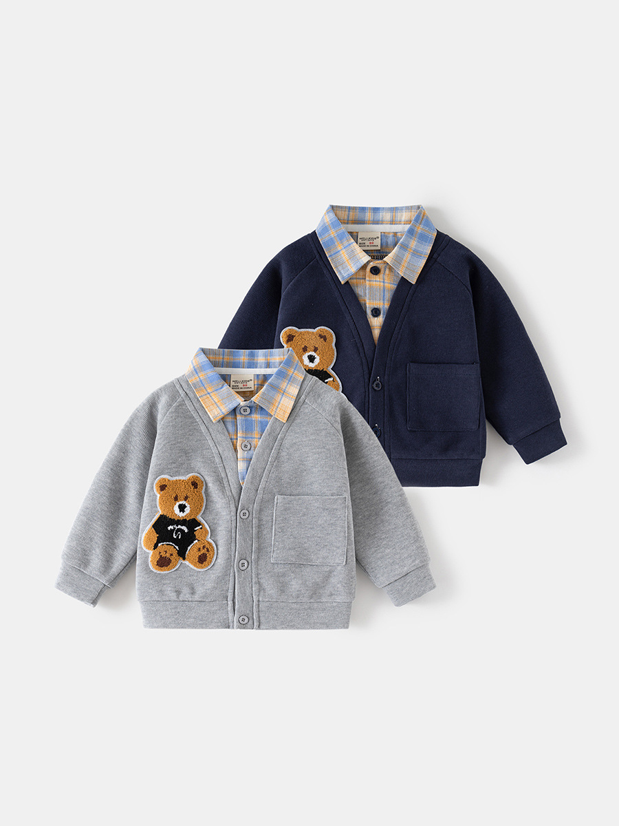 Spring new Korean version of fake two-piece coat children's fashion long sleeve sweater boy cartoon top tide children's clothing wholesale