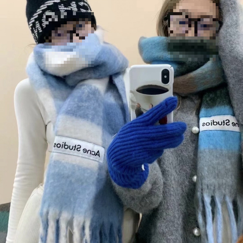 Autumn and Winter New Thickened Warm Rainbow-Colored Plaid Scarf European and American Loop Yarn Thick Tassel Color-Blocking Shawl Universal