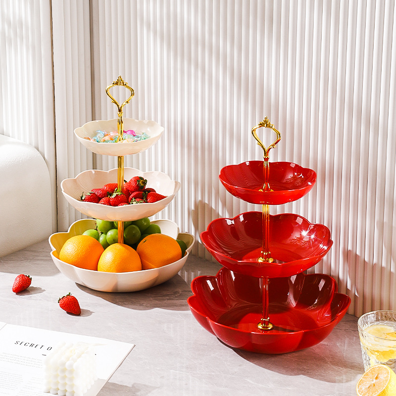 Light Luxury Plastic Flower-Shaped Multi-Layer Fruit Plate for Living Room and Tea Room with High-Looking Three-Layer Multi-Layer Snack Display Plate for Commercial Use