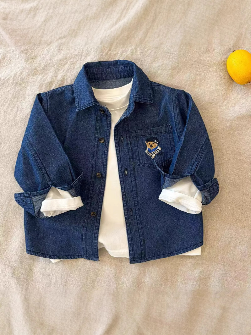 Children's Denim Shirt 2025 Autumn New Children's Clothing Boys Korean Style Embroidered Casual Top Baby Tops Trendy and Cool