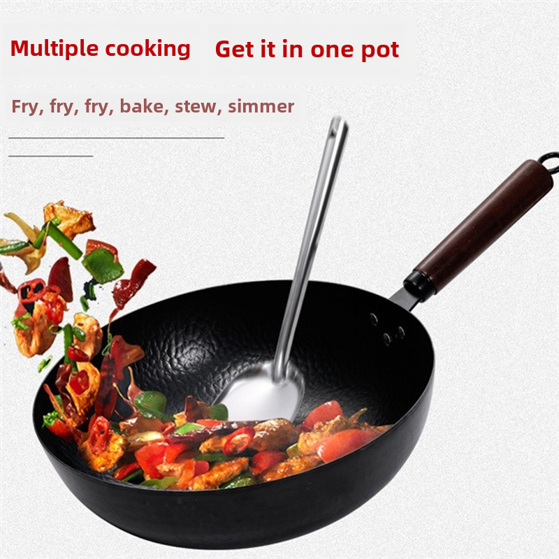 Factory Direct Supply Hand Forged Iron Wok Wok Thickened Old-fashioned Wok Uncoated Non-stick Wok Induction Cooker Gas