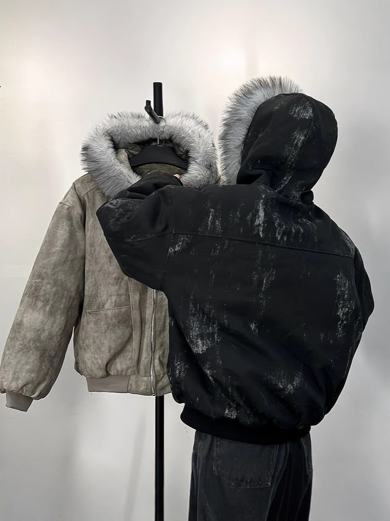 New Year Explosions Zushan Carving Hooded Big Wool Collar Cotton-padded Clothes Men's Cotton-padded Jacket Fashionable Brand Tie-dyed High-end Thickened Warm Coat Fashionable