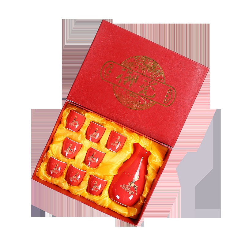 A pot of eight cups gift box penguin burning wine pot wine cup red golden dragon wine suit 9 ceramic wine dispenser