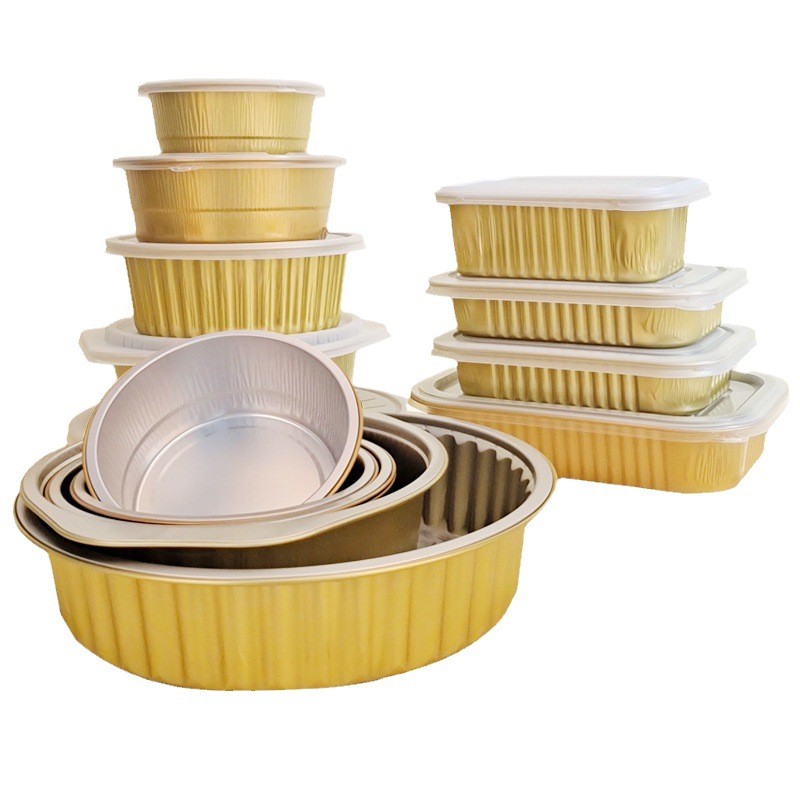 Disposable packing box golden aluminum foil round commercial Lunch Box takeaway sealable extra thick rectangular tin paper box