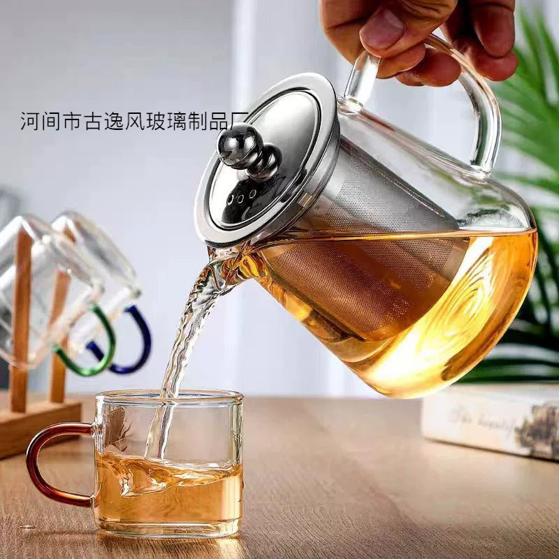 Labeling and Shipping Cross-Border Special Thickened Heat-Resistant Glass Teapot, High-Temperature Resistant Tea Brewing Pot, Stainless Steel Filter Flower Teapot