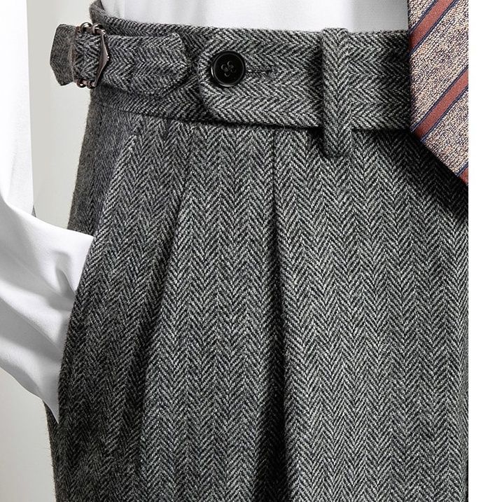 Naples Pants Men's Italian High-Waist Slim Wool Trousers Handmade Tweed Double Pleated Casual Straight Long Pants