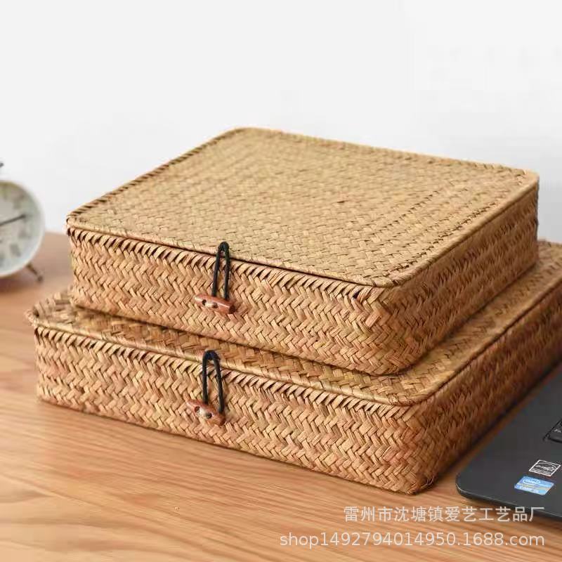 Wholesale hand gift box rattan finishing storage box straw storage box bamboo gift box with lid desktop storage basket